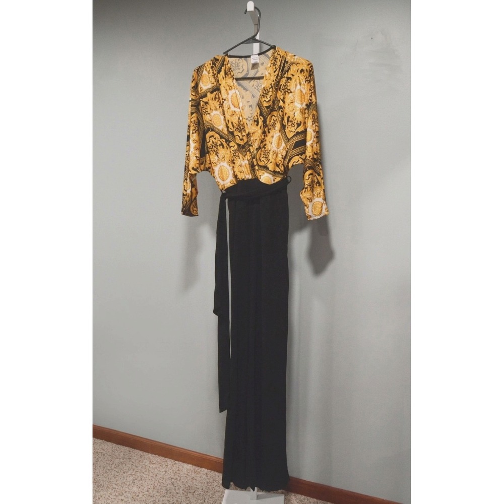 Janette Size L Jumpsuit Surplice Geometric Bodice Black Wide Legs Elastic Waist